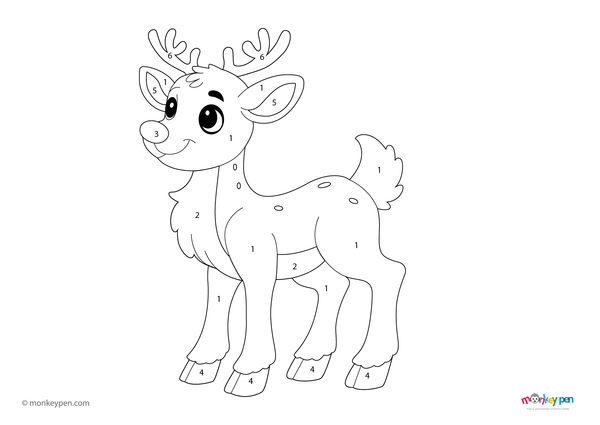 Color-by-number worksheet of a festive reindeer – free download for kids to color antlers, red nose, and snowy holiday scene.