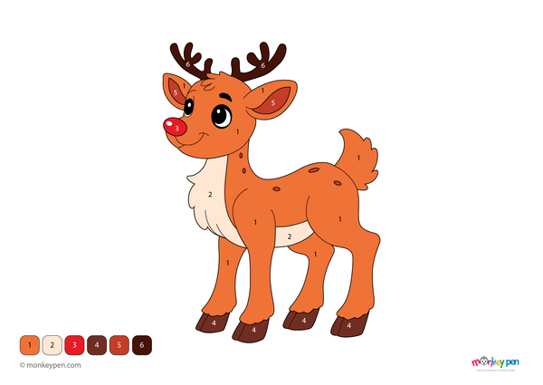 Color-by-number worksheet of a festive reindeer – free download for kids to color antlers, red nose, and snowy holiday scene.