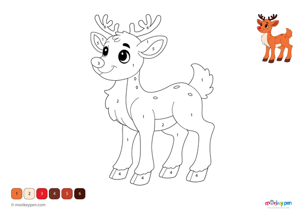 Color-by-number worksheet of a festive reindeer – free download for kids to color antlers, red nose, and snowy holiday scene.
