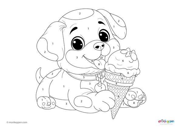Color-by-number worksheet of a puppy with ice cream – free download for kids to color puppy fur, cone, flowers, and sunny scene.