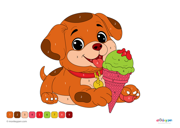 Color-by-number worksheet of a puppy with ice cream – free download for kids to color puppy fur, cone, flowers, and sunny scene.