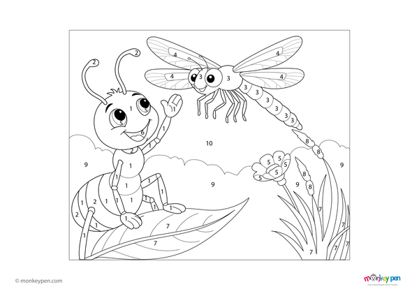 Color-by-number worksheet of an ant and dragonfly – free download for kids to color insects, wings, and garden background.