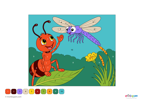 Color-by-number worksheet of an ant and dragonfly – free download for kids to color insects, wings, and garden background.