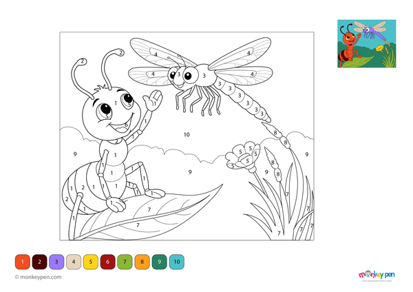 Color-by-number worksheet of an ant and dragonfly – free download for kids to color insects, wings, and garden background.