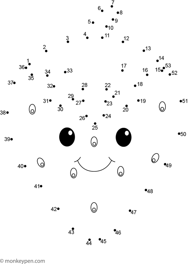 Dot-to-dot outline of a ripe strawberry with small seeds and leafy crown, designed for children to complete and color in vibrant red.