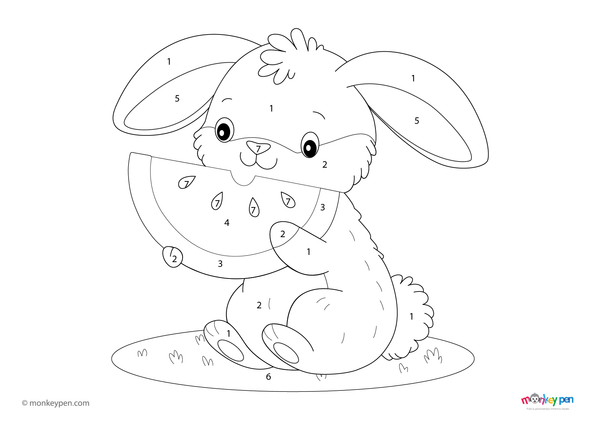 Color-by-number worksheet of a bunny with watermelon – free download for kids to color bunny fur, fruit, and leafy background.