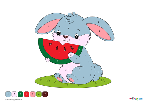 Color-by-number worksheet of a bunny with watermelon – free download for kids to color bunny fur, fruit, and leafy background.