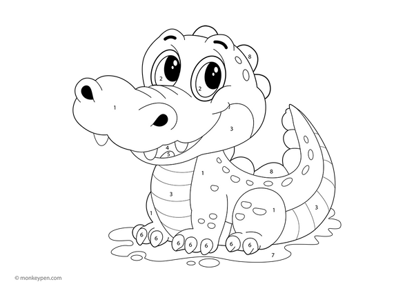 Downloadable crocodile color-by-number worksheet showing a friendly reptile with numbered sections on its scales, tail, and teeth—this free coloring page helps children build number skills while exploring a fun aquatic scene.