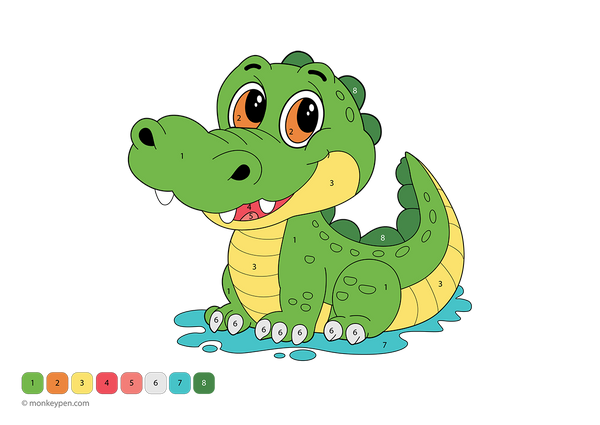 Downloadable crocodile color-by-number worksheet showing a friendly reptile with numbered sections on its scales, tail, and teeth—this free coloring page helps children build number skills while exploring a fun aquatic scene.