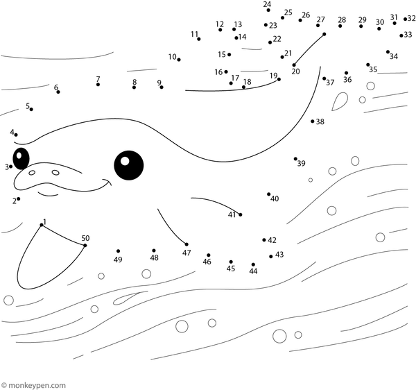 Printable dot-to-dot worksheet illustrating a cartoon Vaquita with a rounded body, ideal for children to connect dots and color.
