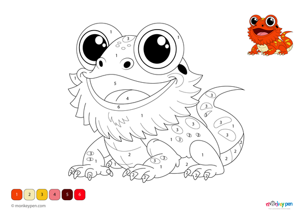 Color-by-number worksheet of a cartoon bearded dragon – free download for kids to color spiky body, beard, and tail.