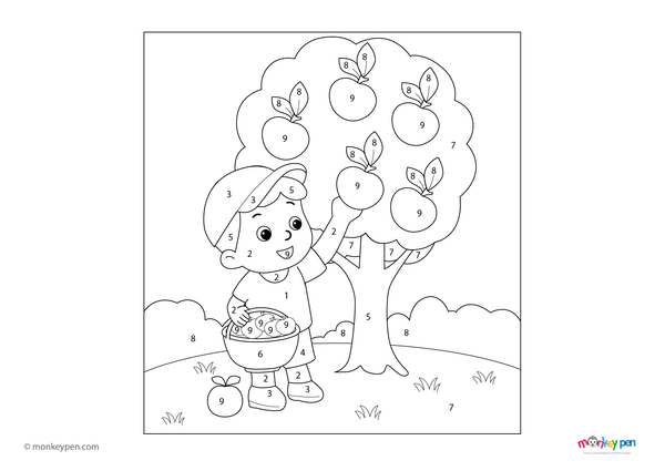 Color-by-number worksheet of a boy picking apples – fun fall scene for kids to download and color tree, apples, and orchard.