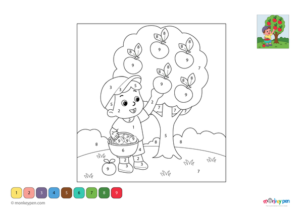 Color-by-number worksheet of a boy picking apples – fun fall scene for kids to download and color tree, apples, and orchard.