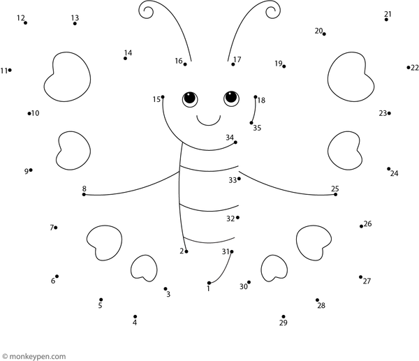 Connect-the-dots image of a butterfly with open wings and decorative patterns, for children to complete and color.