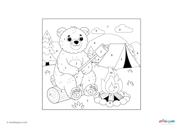 Color-by-number worksheet of a bear at a campfire – free download for kids to color bear, fire, and forest camping scene.