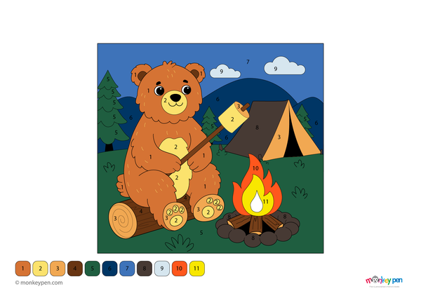 Color-by-number worksheet of a bear at a campfire – free download for kids to color bear, fire, and forest camping scene.