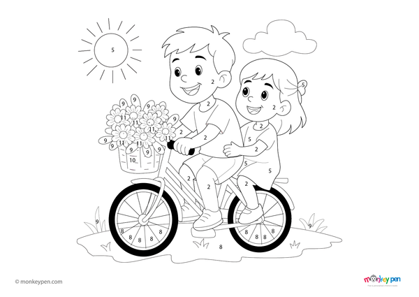 Color-by-number worksheet of a bicycle with flower basket – free download for kids to color bike, flowers, and spring scene.