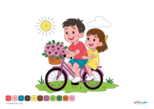 Color-by-number worksheet of a bicycle with flower basket – free download for kids to color bike, flowers, and spring scene.
