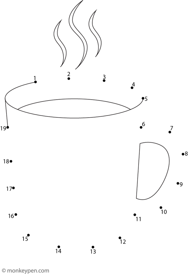 Connecting numbered dots to complete a steaming coffee cup, suitable for children’s educational and creative activities.