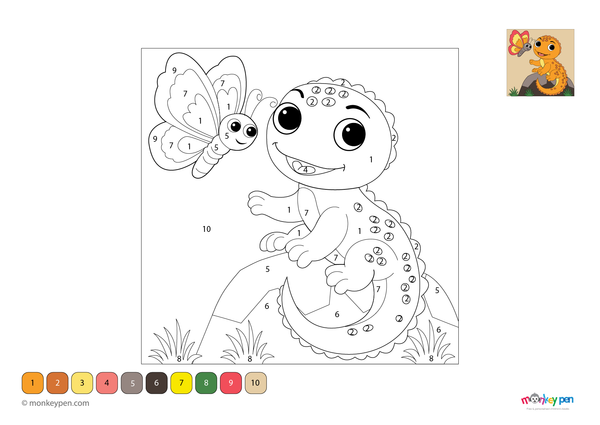 Color-by-number worksheet of a cartoon lizard – free download for kids to color lizard’s body, tail, and fun background.