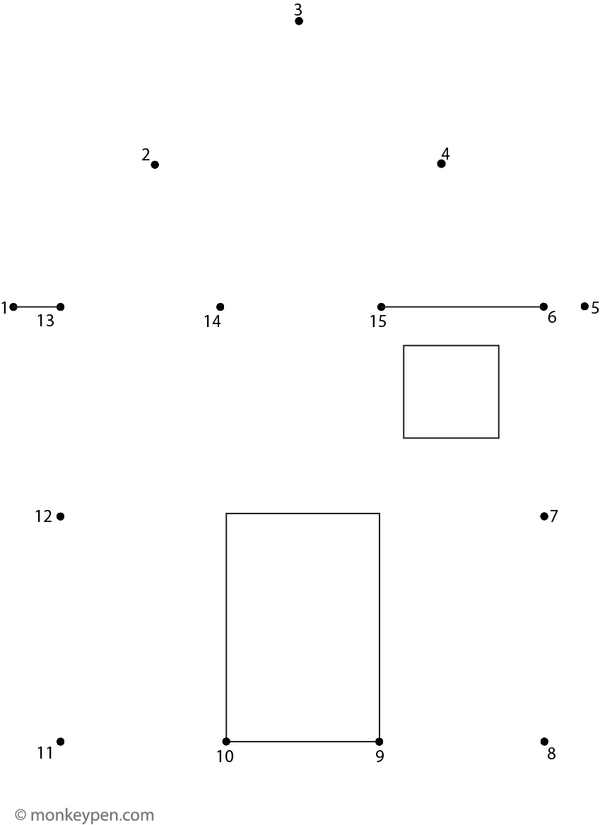 A connect-the-dots drawing of a small house with windows and a roof for children to complete and color.