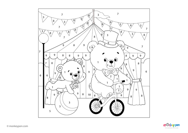 Color-by-number worksheet of a circus bear – free download for kids to color bear, circus tent, and fun performance scene.