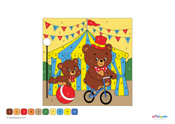 Color-by-number worksheet of a circus bear – free download for kids to color bear, circus tent, and fun performance scene.