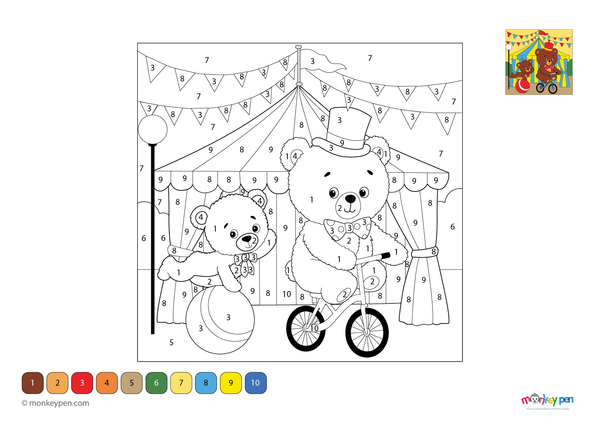 Color-by-number worksheet of a circus bear – free download for kids to color bear, circus tent, and fun performance scene.