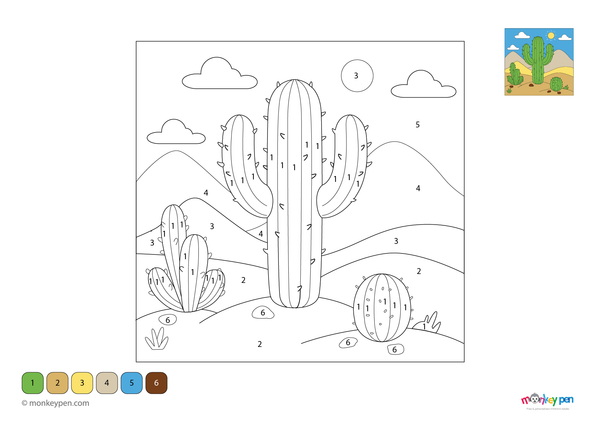 Color-by-number worksheet of a cactus plant – free download for kids to color green cactus, desert rocks, and sunny background.