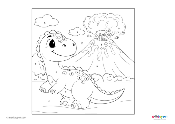 Color-by-number worksheet of a dinosaur and volcano – fun scene for kids to download and color dino scales, lava, and eruption.
