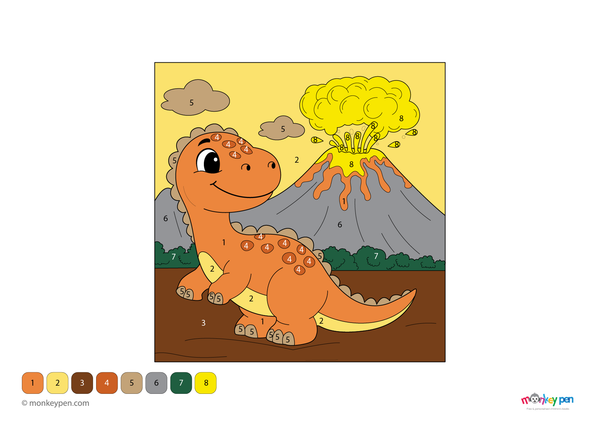 Color-by-number worksheet of a dinosaur and volcano – fun scene for kids to download and color dino scales, lava, and eruption.