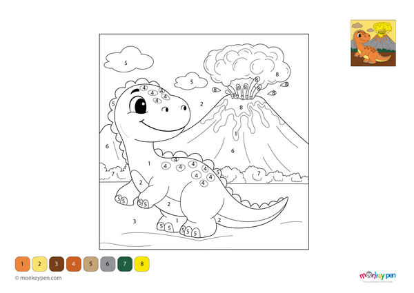Color-by-number worksheet of a dinosaur and volcano – fun scene for kids to download and color dino scales, lava, and eruption.