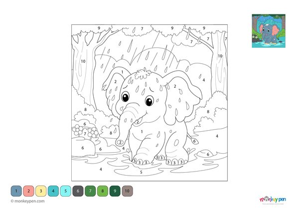 Color-by-number worksheet of an elephant in the rain – free download for kids to color elephant, raindrops, and puddles.