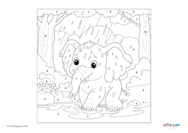Color-by-number worksheet of an elephant in the rain – free download for kids to color elephant, raindrops, and puddles.