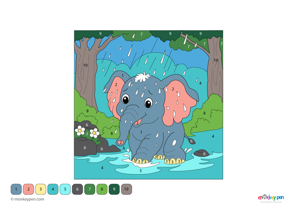 Color-by-number worksheet of an elephant in the rain – free download for kids to color elephant, raindrops, and puddles.