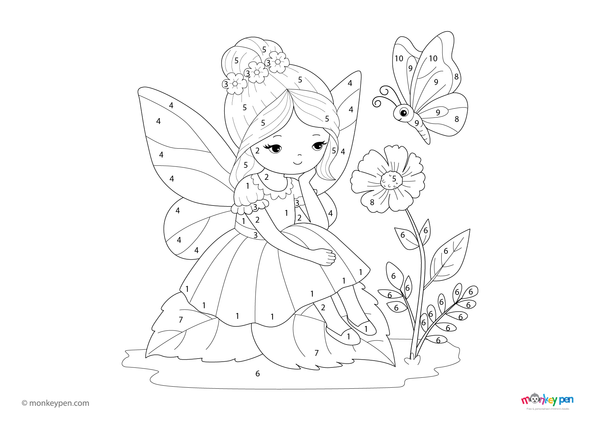 Color-by-number worksheet of a fairy and butterfly – free download for kids to color wings, flowers, and magical background.