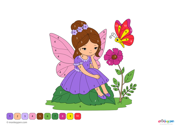 Color-by-number worksheet of a fairy and butterfly – free download for kids to color wings, flowers, and magical background.