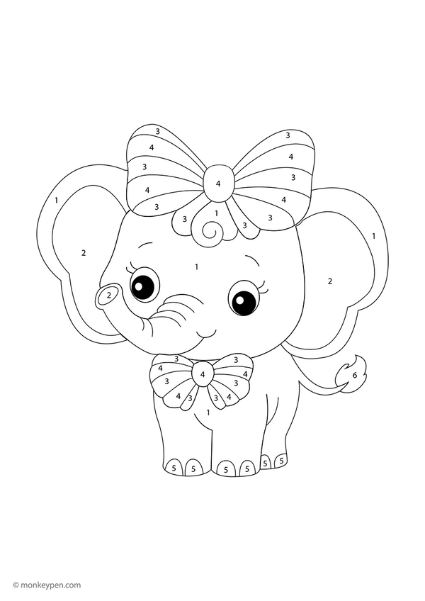 Free downloadable elephant color-by-number worksheet featuring a playful design with numbered ears, trunk, and bow—perfect for kids learning numbers and colors through a fun and friendly animal activity.