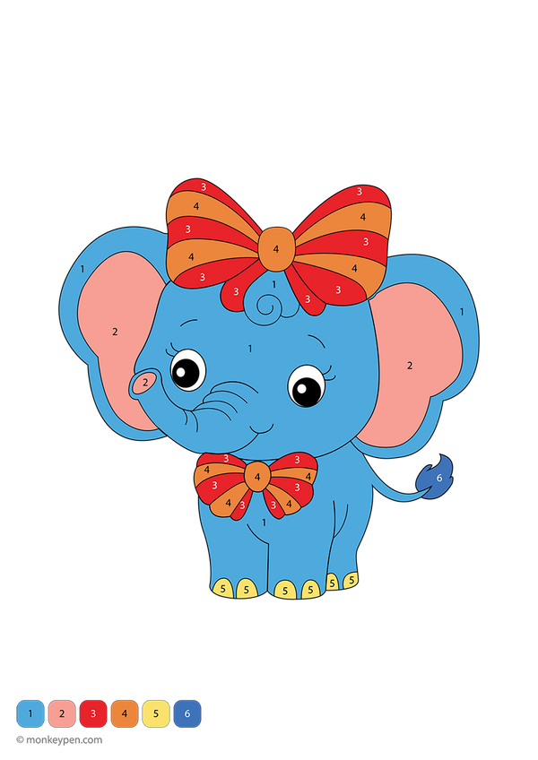 Free downloadable elephant color-by-number worksheet featuring a playful design with numbered ears, trunk, and bow—perfect for kids learning numbers and colors through a fun and friendly animal activity.