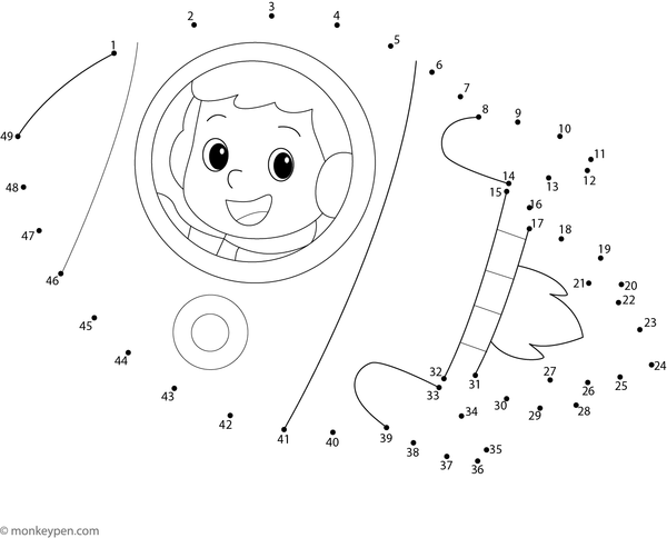 Dot-to-dot worksheet of a rocket ship with windows, designed for children to connect and color.