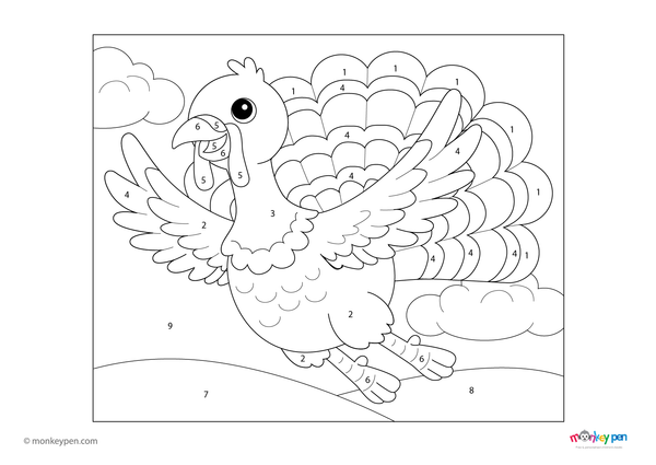 Color-by-number worksheet of a flying turkey – free download for kids to color feathers, sky, and festive Thanksgiving scene.