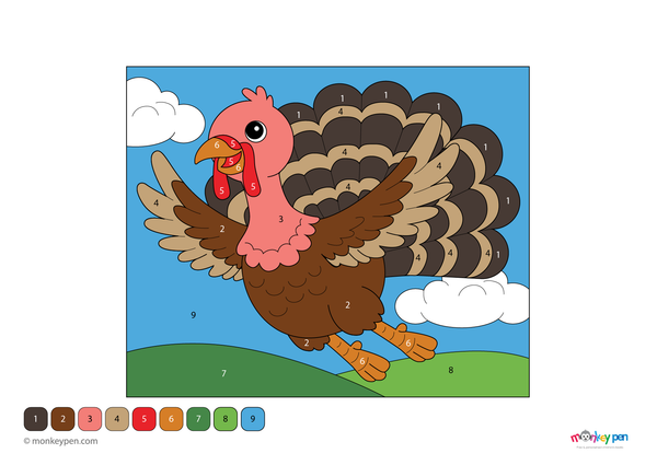 Color-by-number worksheet of a flying turkey – free download for kids to color feathers, sky, and festive Thanksgiving scene.