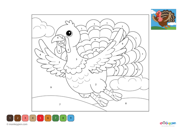Color-by-number worksheet of a flying turkey – free download for kids to color feathers, sky, and festive Thanksgiving scene.