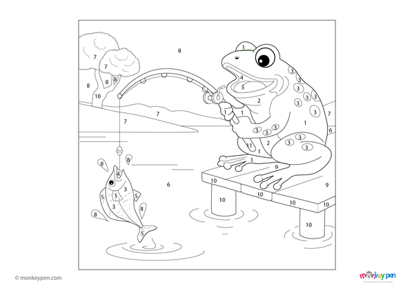 Color-by-number worksheet of a frog with a fishing rod – free download for kids to color frog, rod, and pond background.