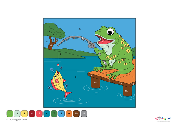 Color-by-number worksheet of a frog with a fishing rod – free download for kids to color frog, rod, and pond background.