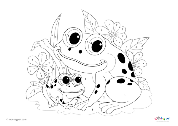 Color-by-number worksheet of a frog family – free download for kids to color green frogs, lily pads, and peaceful pond scene.