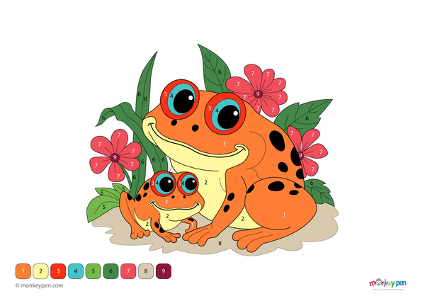 Color-by-number worksheet of a frog family – free download for kids to color green frogs, lily pads, and peaceful pond scene.