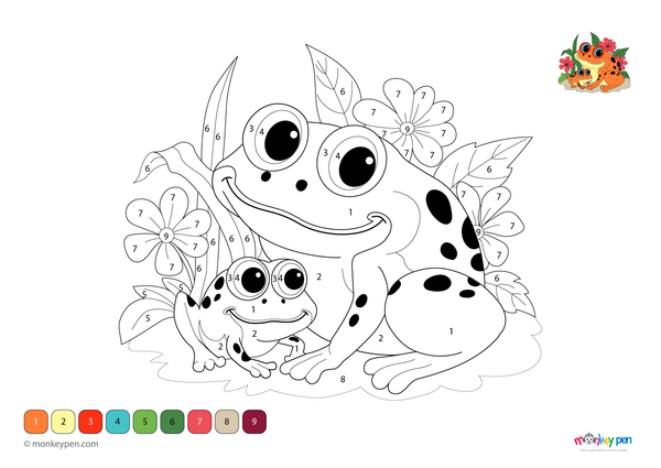 Color-by-number worksheet of a frog family – free download for kids to color green frogs, lily pads, and peaceful pond scene.