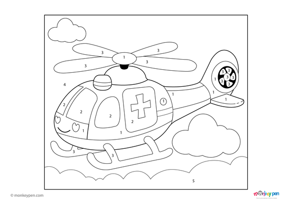 Color-by-number worksheet of a rescue helicopter – free download for kids to color rotors, body, and sky in action scene.