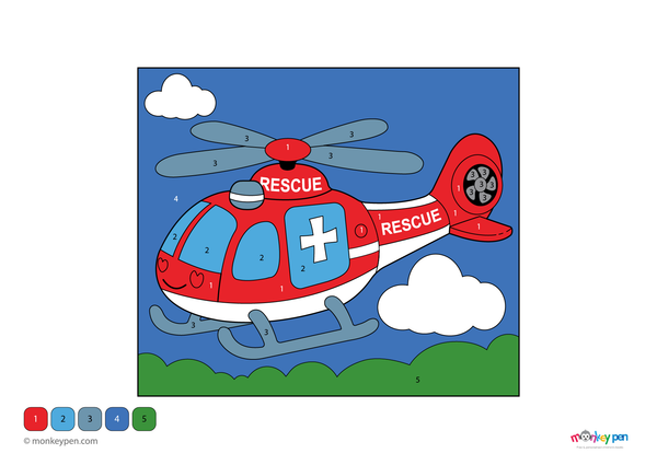 Color-by-number worksheet of a rescue helicopter – free download for kids to color rotors, body, and sky in action scene.
